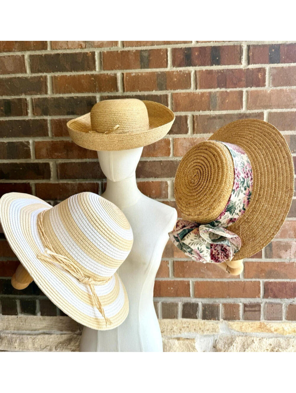 Vintage Straw Sun Hat Lot of 3 Amici Striped Banish Boston & Floral Estate Finds